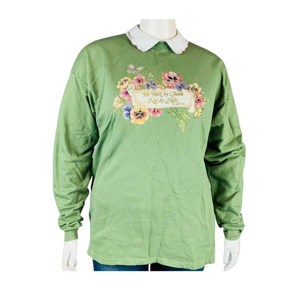 Hanes Cotton Select Womans XL Green Floral Sweater Walk By Faith 2 Cor. 5:7 VTG - Picture 1 of 7